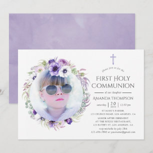 Dusty Violet Floral First Holy Communion Invitation