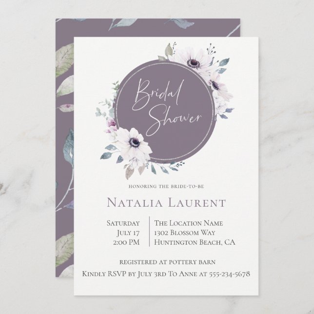 Dusty Violet Floral Frame Bridal Shower Invitation (Front/Back)