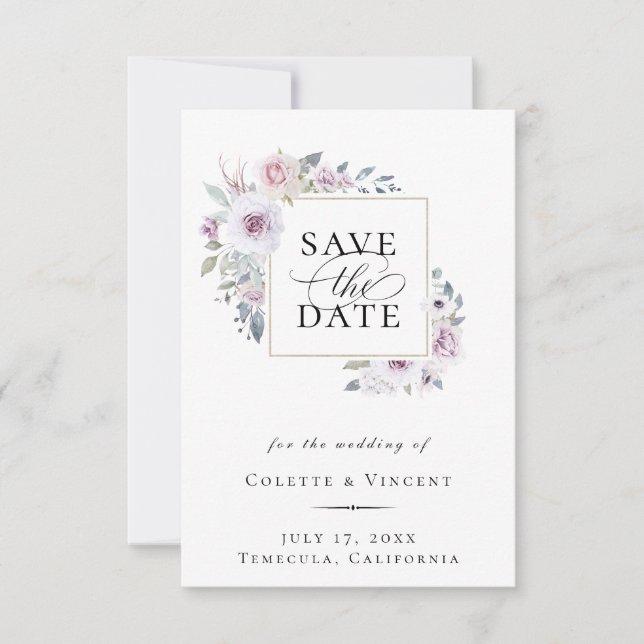 Dusty Violet Floral Gold Frame Save The Date Announcement (Front)