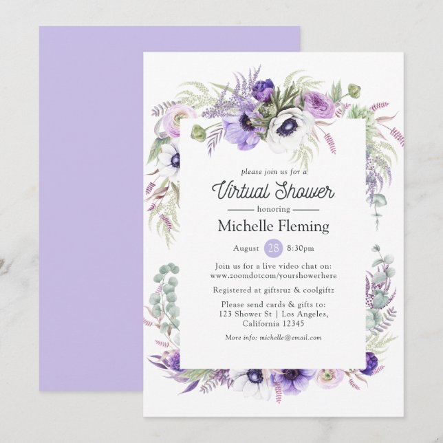 Dusty Violet Floral Virtual Baby or Bridal Shower Invitation (Front/Back)