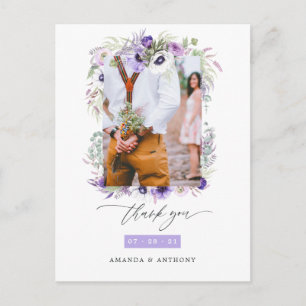Dusty Violet Pastel Floral Wedding Photo Thank You Postcard