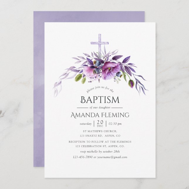 Dusty Violet Poppy Floral Baptism or Christening Invitation (Front/Back)