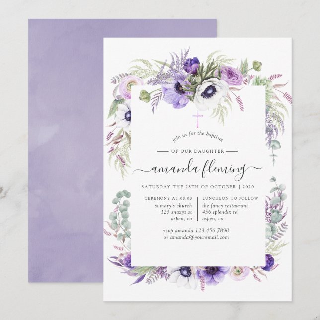 Dusty Violet Poppy Floral Baptism or Christening Invitation (Front/Back)
