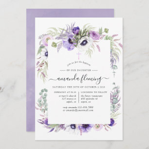 Dusty Violet Poppy Floral Baptism or Christening Invitation