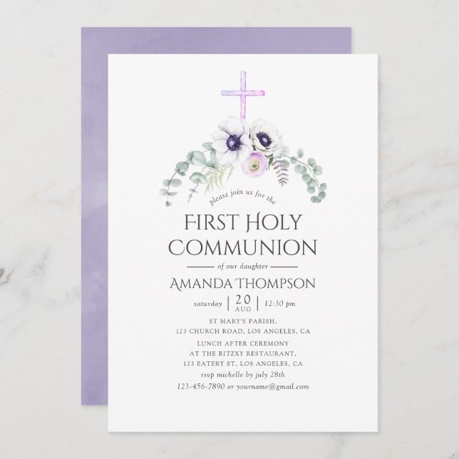 Dusty Violet Poppy Floral First Holy Communion Invitation (Front/Back)