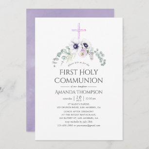 Dusty Violet Poppy Floral First Holy Communion Invitation