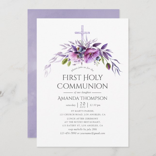 Dusty Violet Poppy Floral First Holy Communion Invitation (Front/Back)