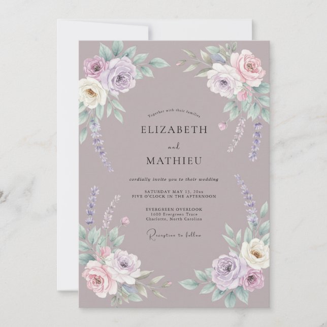 Dusty Violet Ranunculus Eucalyptus Wedding Invitation (Front)