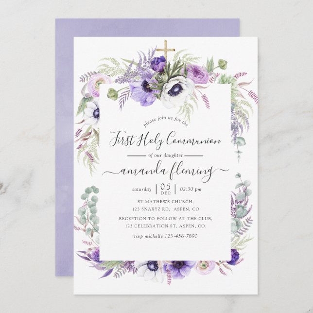 Dusty Violet Watercolor Floral Holy Communion Invitation (Front/Back)
