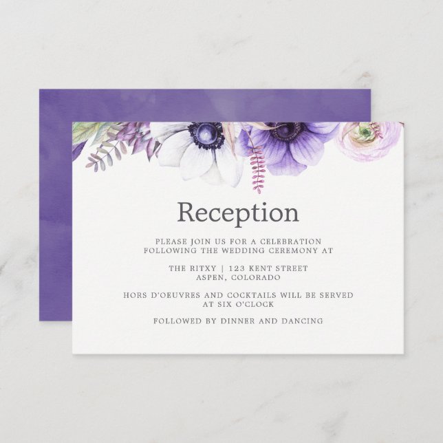 Dusty Violet Wedding Watercolor Floral Reception Invitation (Front/Back)