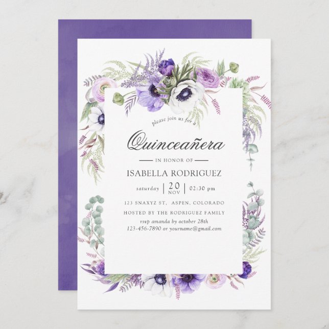 Dusty Violet Wedding Watercolor Quinceañera Invitation (Front/Back)