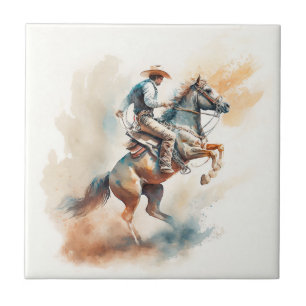 Dusty Western Watercolor “Bucking Bronco”   Ceramic Tile