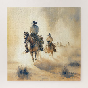 Dusty Western Watercolor ‘Riders in the Dawn’   Jigsaw Puzzle