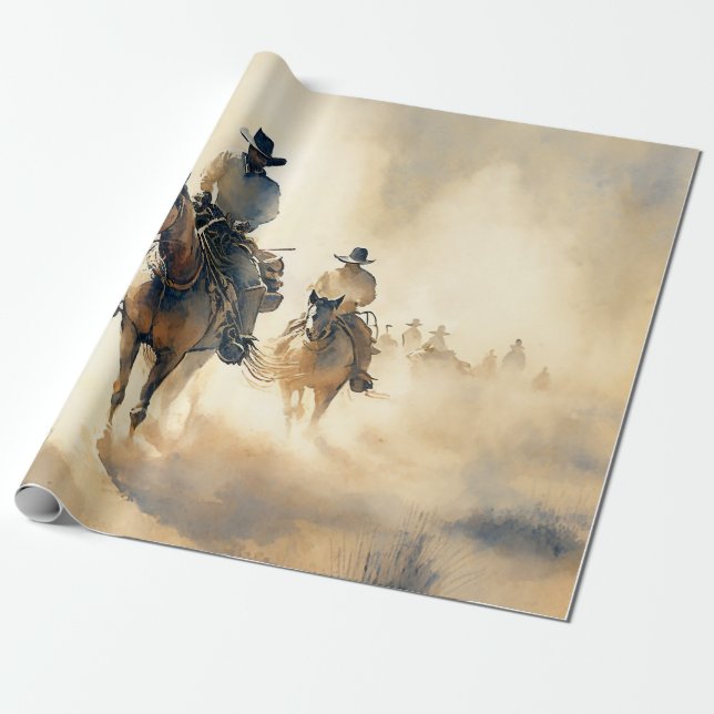 Dusty Western Watercolor ‘Riders in the Dawn’  Wrapping Paper (Unrolled)