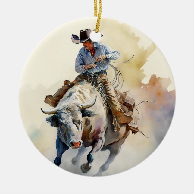 Dusty Western Watercolor “Rodeo Bull Rider”  Ceramic Ornament (Front)