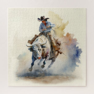 Dusty Western Watercolor “Rodeo Bull Rider”   Jigsaw Puzzle