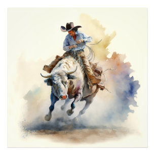 Dusty Western Watercolor “Rodeo Bull Rider”  Photo Print