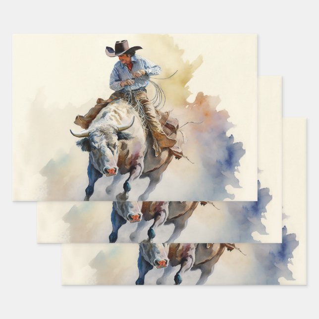 Dusty Western Watercolor “Rodeo Bull Rider”   Wrapping Paper Sheet (Set)