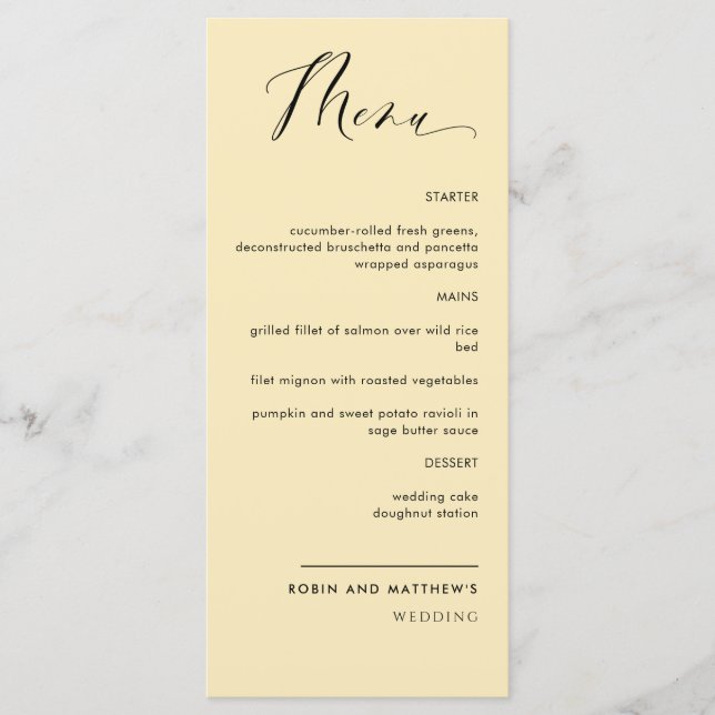 Dusty Yellow, Calligraphy Wedding / Reception Menu (Front)