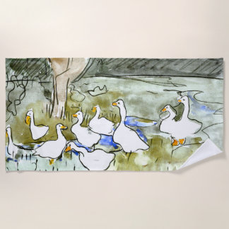 Dutch Art Nouveau Ducks and Geese Beach Towel