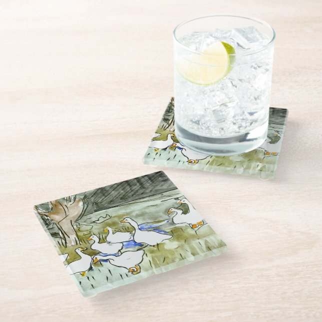 Dutch Art Nouveau Ducks and Geese Glass Coaster (Angled)
