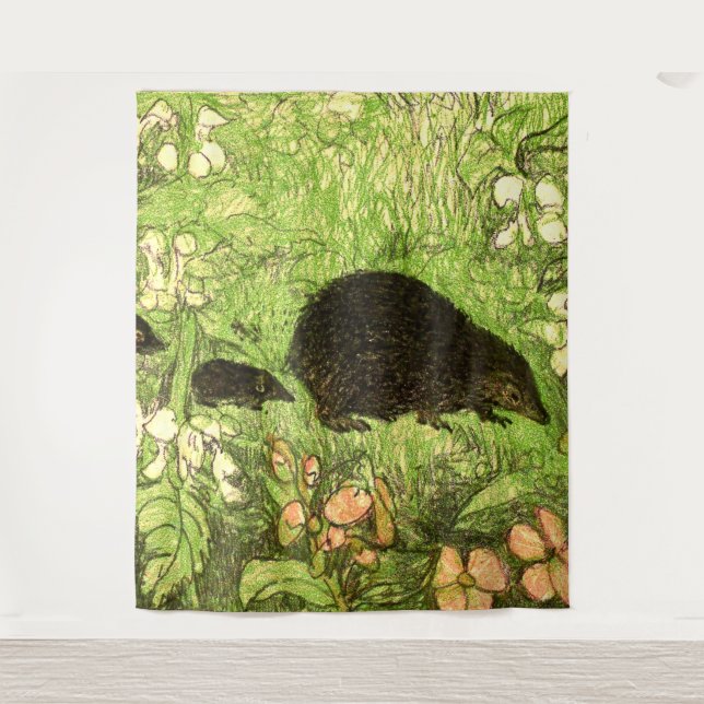 Dutch Art Nouveau Hedgehog and Babies Tapestry (Front)