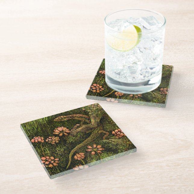 Dutch Art Nouveau Lizard and Wildflowers Glass Coaster (Angled)