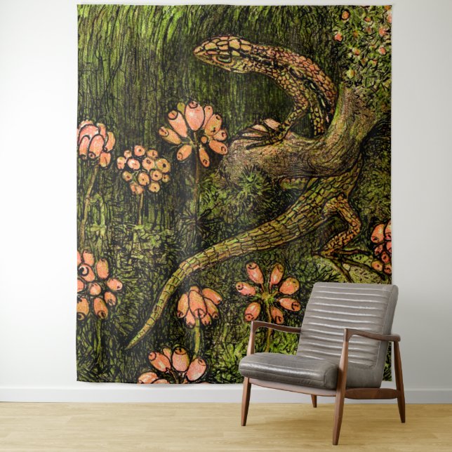 Dutch Art Nouveau Lizard and Wildflowers Tapestry (In Situ)