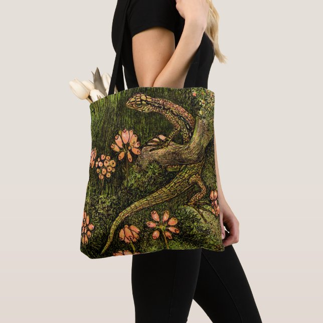 Dutch Art Nouveau Lizard and Wildflowers Tote Bag (Close Up)