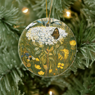 Dutch Art Nouveau Meadow Wildflowers, Butterflies Ceramic Ornament