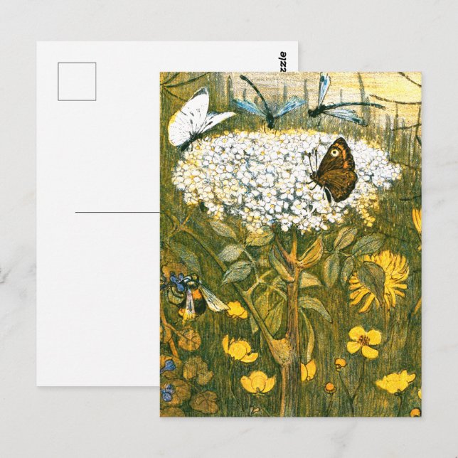 Dutch Art Nouveau Meadow Wildflowers, Butterflies Postcard (Front/Back)