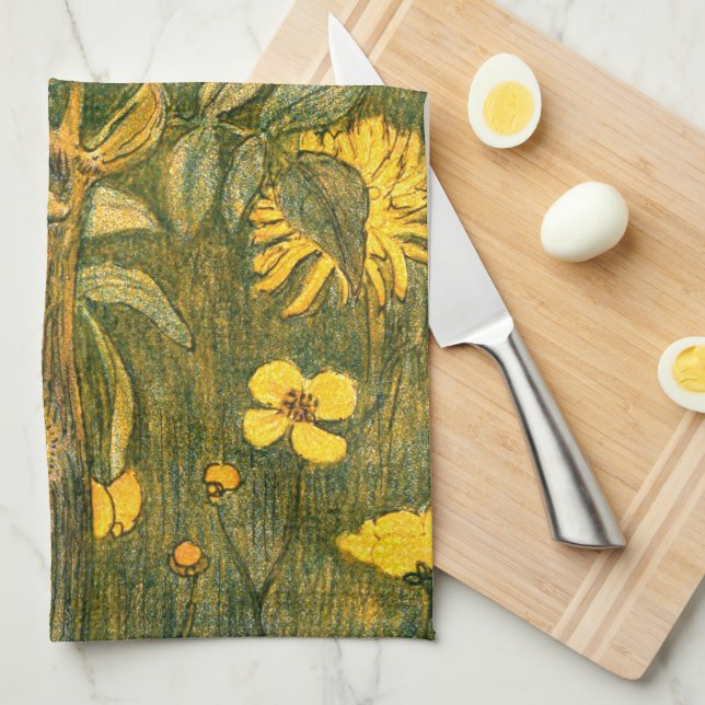 Dutch Art Nouveau Meadow Wildflowers, Butterflies Tea Towel (Quarter Fold)