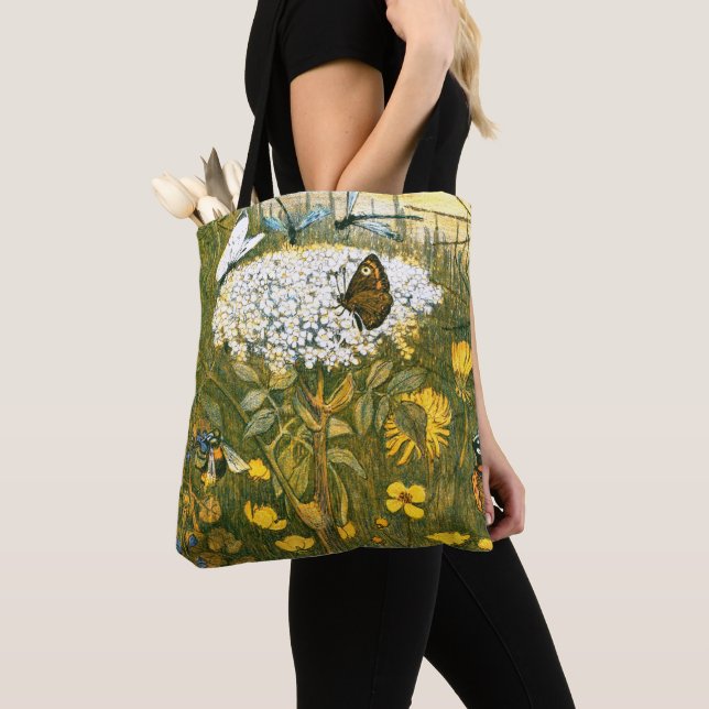 Dutch Art Nouveau Meadow Wildflowers, Butterflies Tote Bag (Close Up)