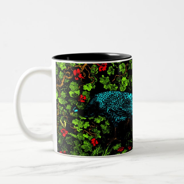 Dutch Art Nouveau Peacock and Butterfly  Two-Tone Coffee Mug (Left)