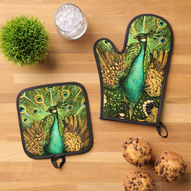 Dutch Art Nouveau Peacock and Chickens Oven Mitt & Pot Holder Set (Top Down)