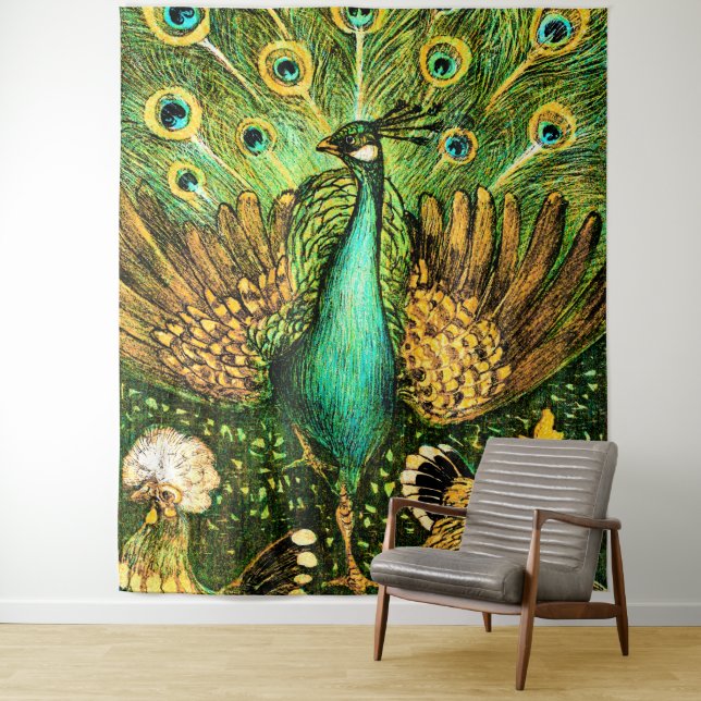 Dutch Art Nouveau Peacock and Chickens Tapestry (In Situ)