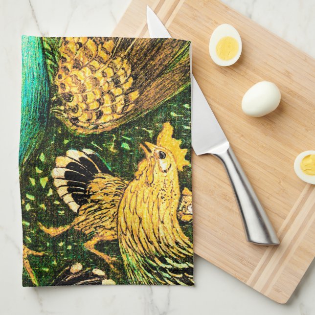 Dutch Art Nouveau Peacock and Chickens Tea Towel (Quarter Fold)