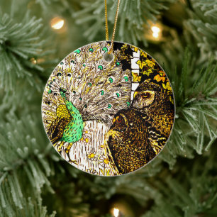 Dutch Art Nouveau Peacock and Owls Ceramic Ornament