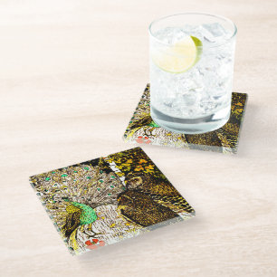 Dutch Art Nouveau Peacock and Owls Glass Coaster