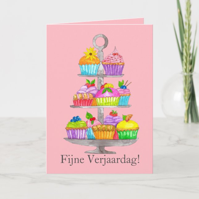Dutch Birthday Watercolor cupcakes  Card (Front)