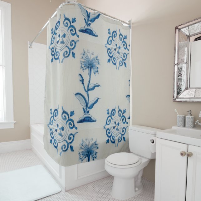 Dutch Blue and White Flower Shower Curtain (In Situ)