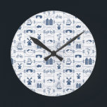 Dutch Blue tiles Round Clock<br><div class="desc">Dutch blue tiles with famous icons of the Netherlands like tulips,  wooden shoes,   tall ships,  cheese,  windmills,  bikes and the old houses of Amsterdam.</div>