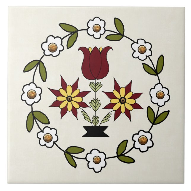 Dutch Country Folk Floral Ceramic Tile (Front)