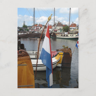 Dutch Flag, Boats & Harbour Lemmer Fryslan Postcard