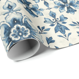 Dutch Floral Tile Gift Wrap, Delft Blue Pattern Wrapping Paper