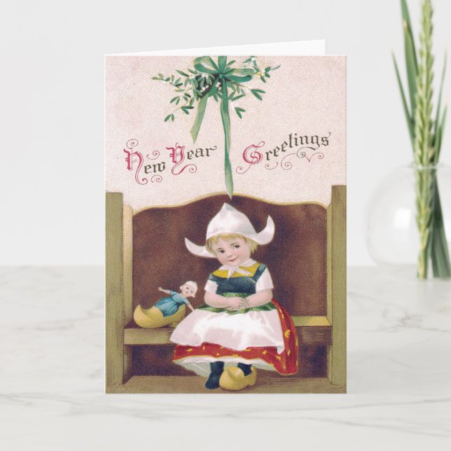 Dutch Girl Doll Mistletoe Clog Pew Holiday Card (Front)