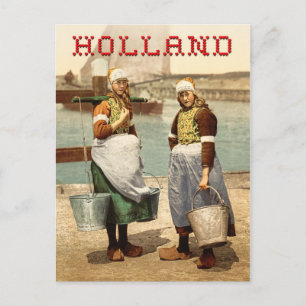 Dutch girls in traditional costume and clogs postcard