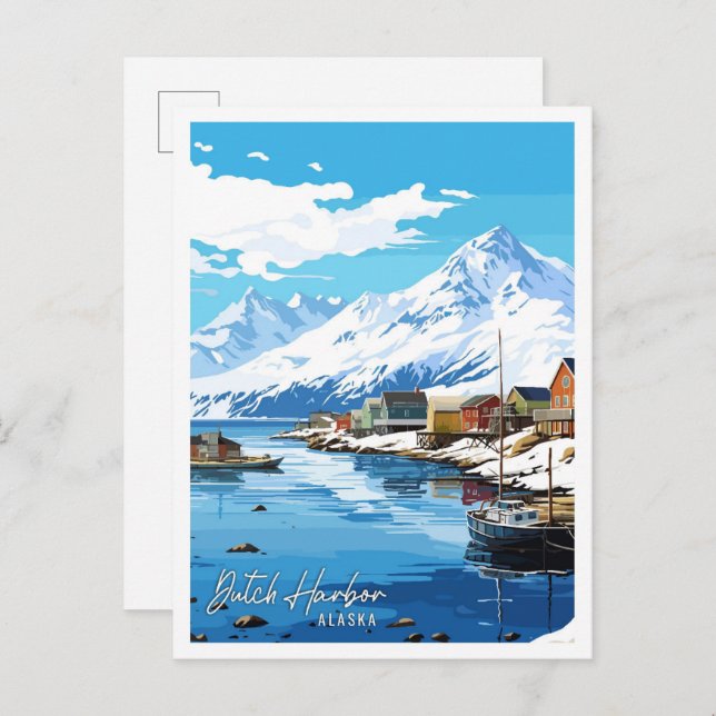 Dutch Harbour Alaska vintage travel illustration Postcard (Front/Back)