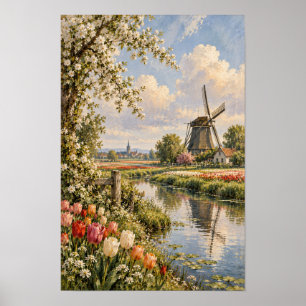 Dutch-Inspired Windmill and Tulip Canal Wall Art