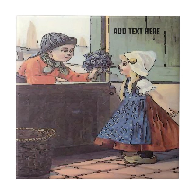 Dutch Kids Flowers  Tile, Dutch Look, Personalise Ceramic Tile (Front)